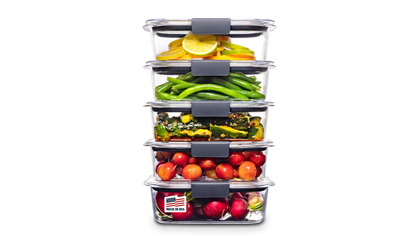 Rubbermaid food storage containers stacked with food in them